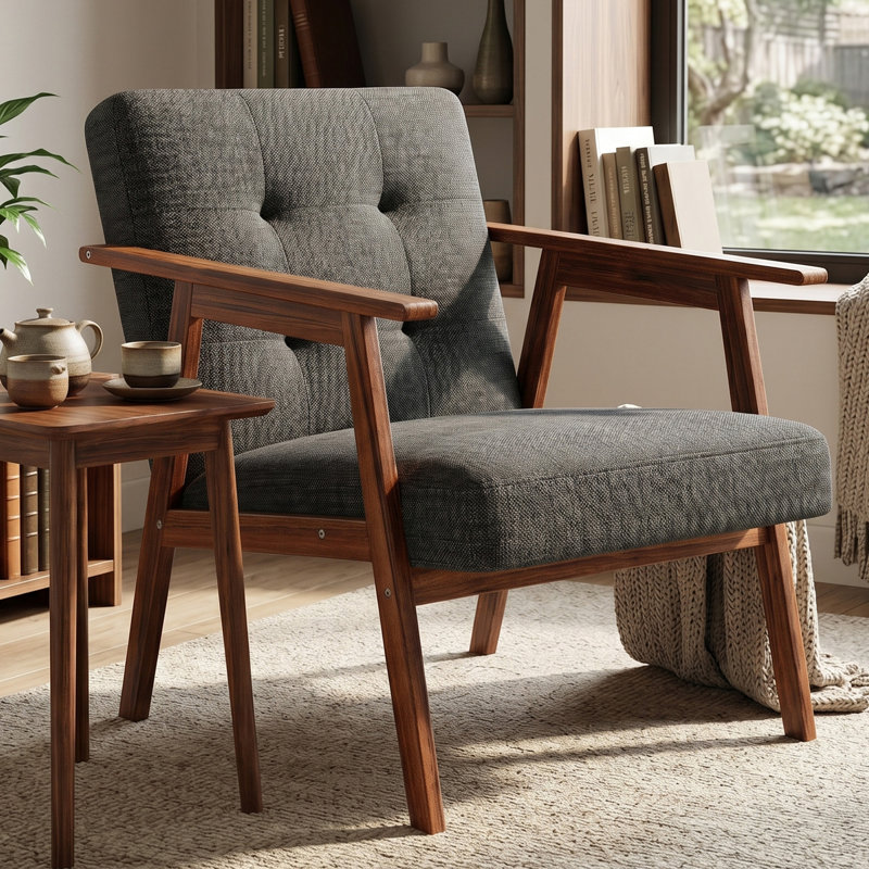 Modern Accent Chair, 24.61" Wide Mid Century Upholstered Solid Wood Accent Chair, Mid Century Armchair, Reading Chairs for Living Room Bedroom Office