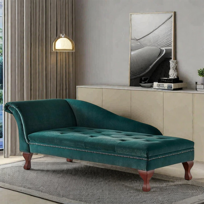 Chaise longue inclinable en velours, Brun, Accoudoir à gauche (vu de face), Vert