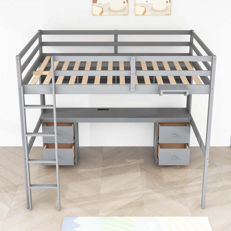 Lit mezzanine double avec bureau, tiroirs et tablettes Maxeys, gris