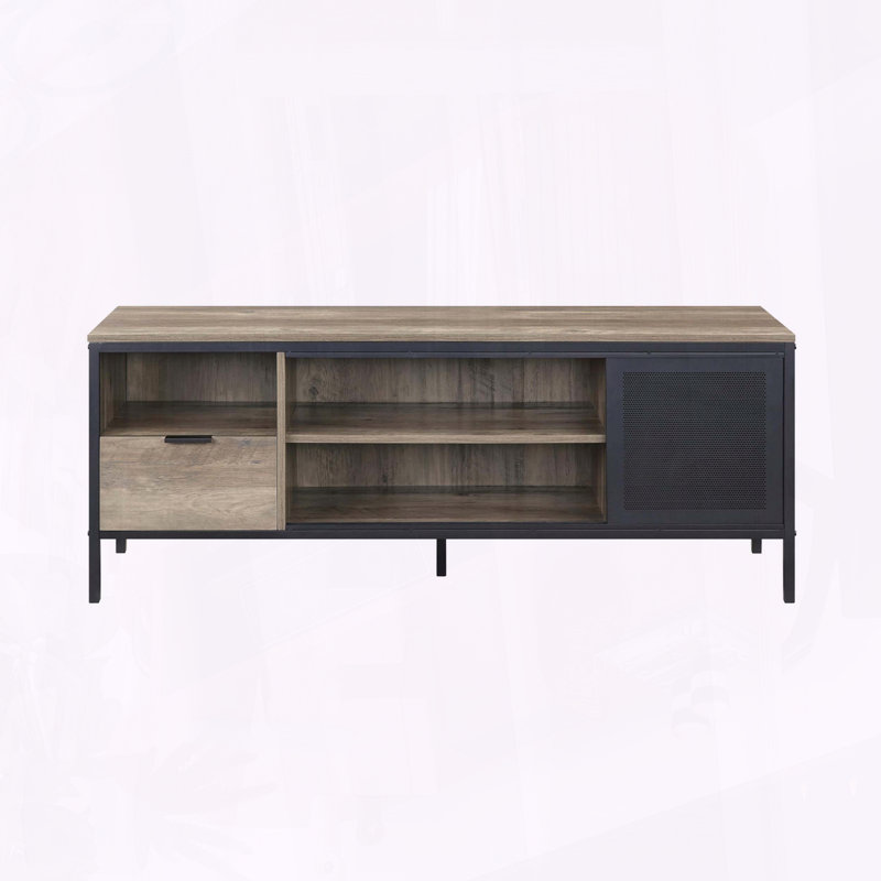 Meuble télé 55 po avec tiroir et porte coulissante en métal en chêne rustique et noir, Noir / chêne / rustique