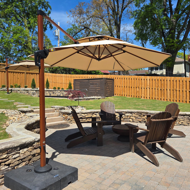 Epperly Round Wood Pattern Cantilever Umbrella with Base, 108" H x 144" W x 144" D, Beige