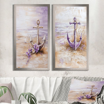 "Floral Anchor on the Beach I - Coastal Wall Decor, Nautical Coastal, art mural 2 pièces