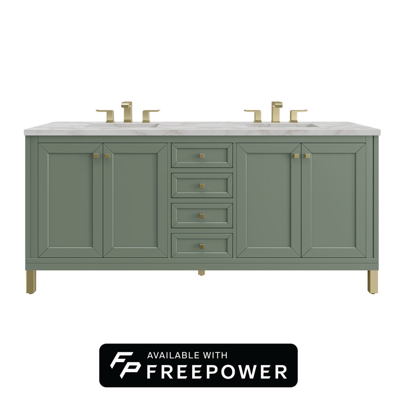 Chicago 72"W Double Vanity W/ Freepower Wireless Charger, Smokey Celadon, Victorian Silver