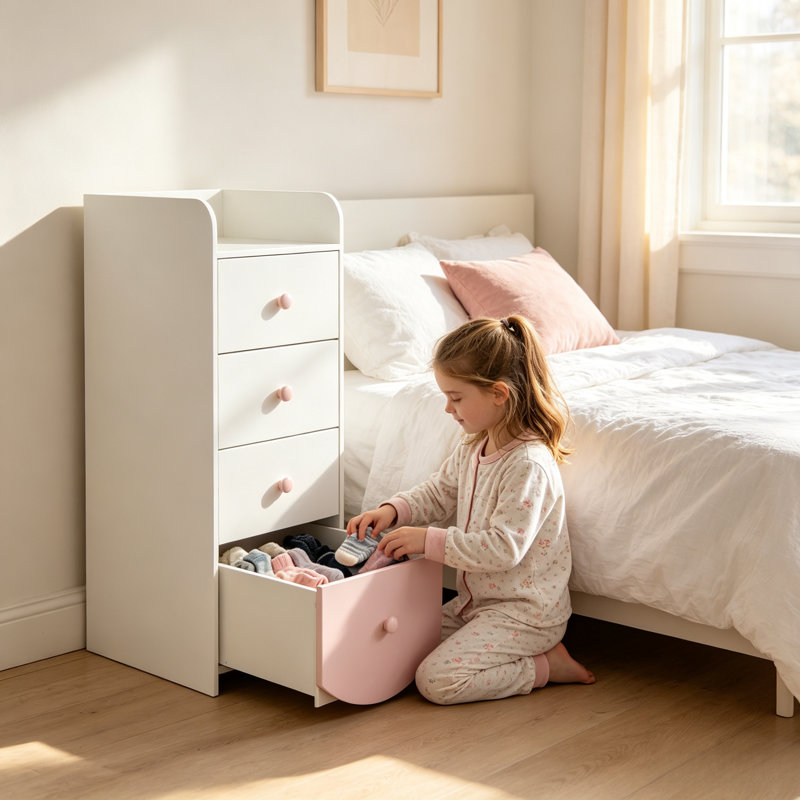 Armoire de rangement haute à 4 tiroirs, table de chevet étroite blanche et rose avec compartiment supérieur ouvert, tiroir de chambre avec joli bouton rond