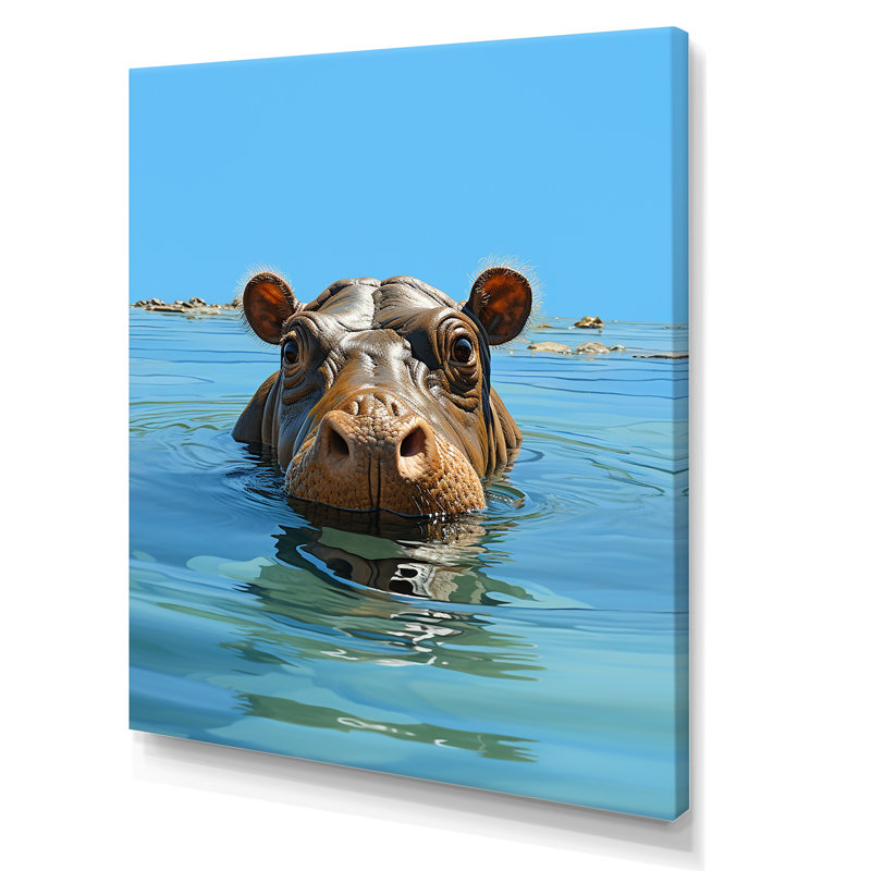Gris, joyeux hippopotame - Hippopotame, art mural, Toile tendue, 32" H x 24" W