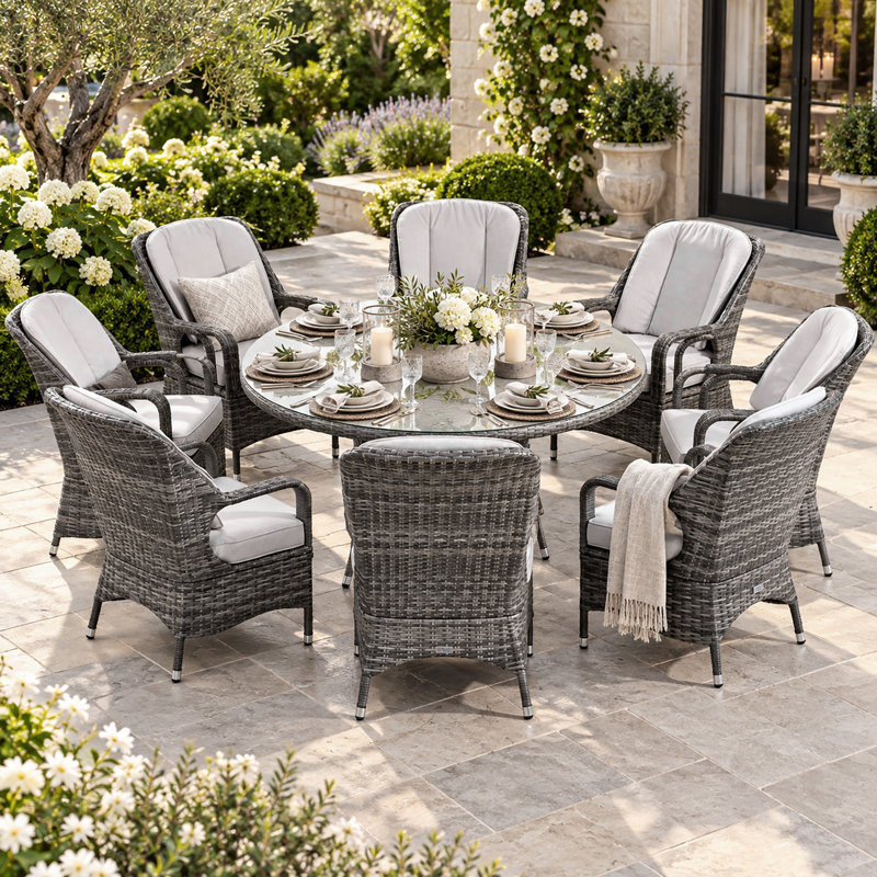 Ensemble repas 9 pièces pour l'extérieur avec fauteuils en osier, structure en aluminium et plateau en verre trempé