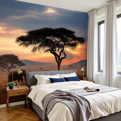 Papier peint auto-adhésif Éléphant d'Afrique sauvage, Parc national de la Savane, Tanzanie, peintures murales d'Afrique, H 100 po x l 144 po, papier peint amovible en PVC, peinture murale auto-adhésive, décoration pour le salon de la chambre à coucher