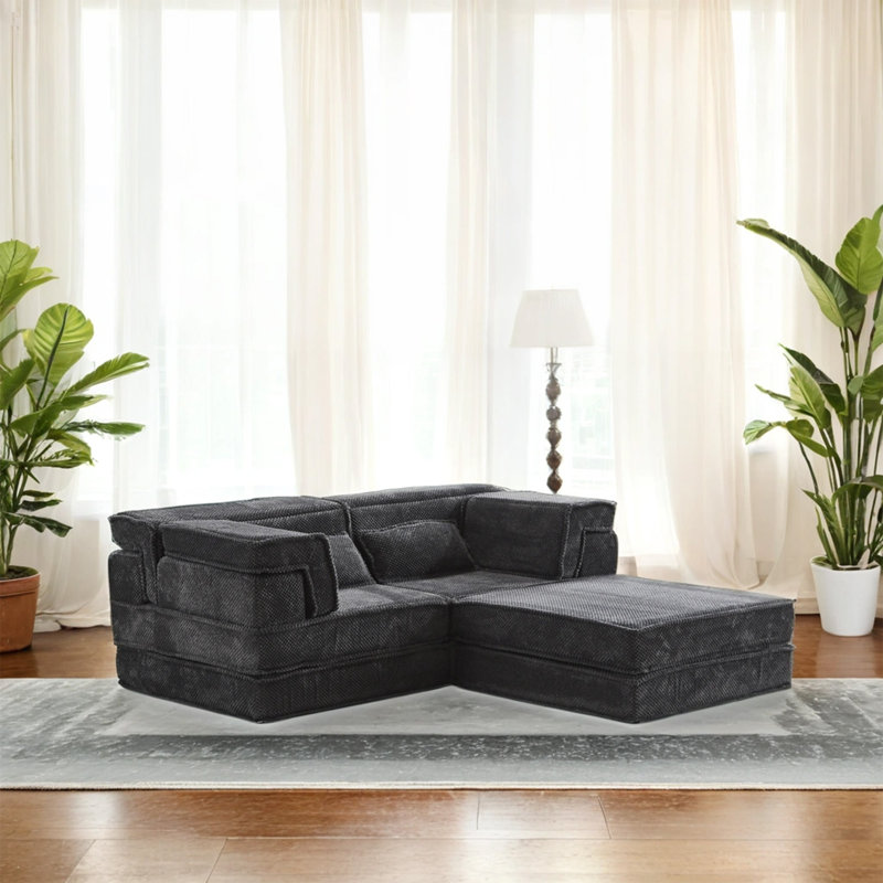 Canapé à compression Mahjong, canapé-lit convertible au sol, canapé modulaire modulaire désossé DIY, aucun assemblage requis, tissu polaire circulaire, surdimensionné 2 places avec 1 repose-pieds, gris foncé