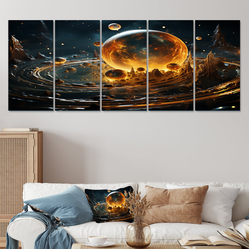 Art mural 5 pièces jaune et noir avec ceinture d'astéroides, H 28 po x l 60 po