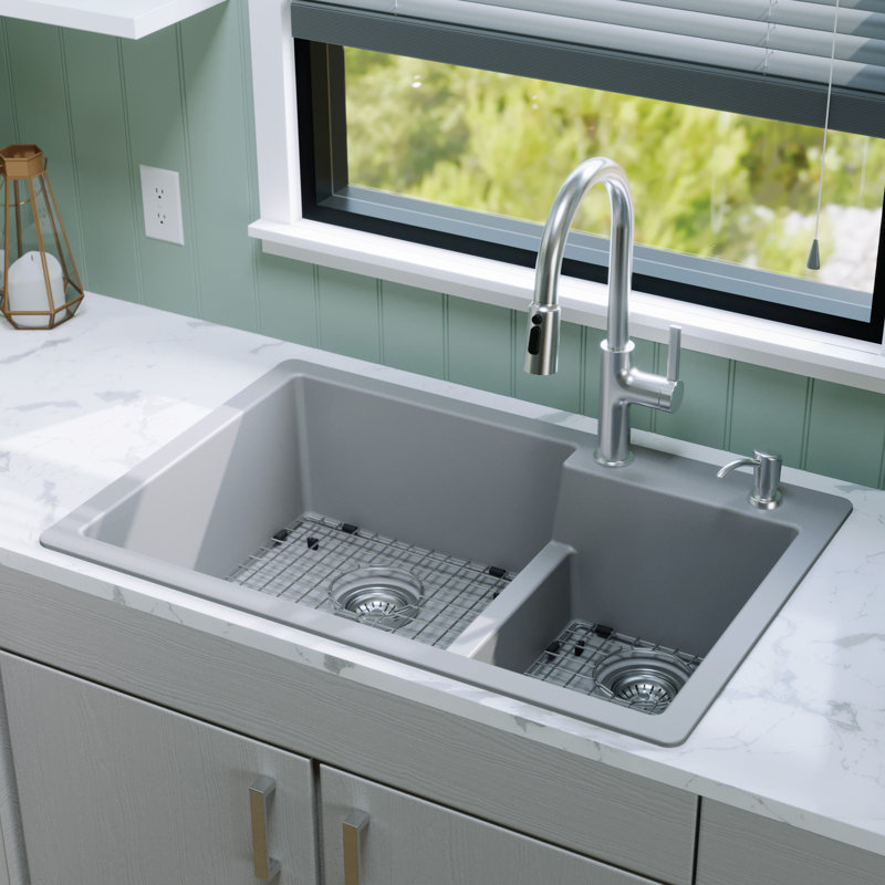 Ensemble d'évier de cuisine à double cuve à montage sur le dessus 60/40 Karran Quartz 33 "X 22", Gris