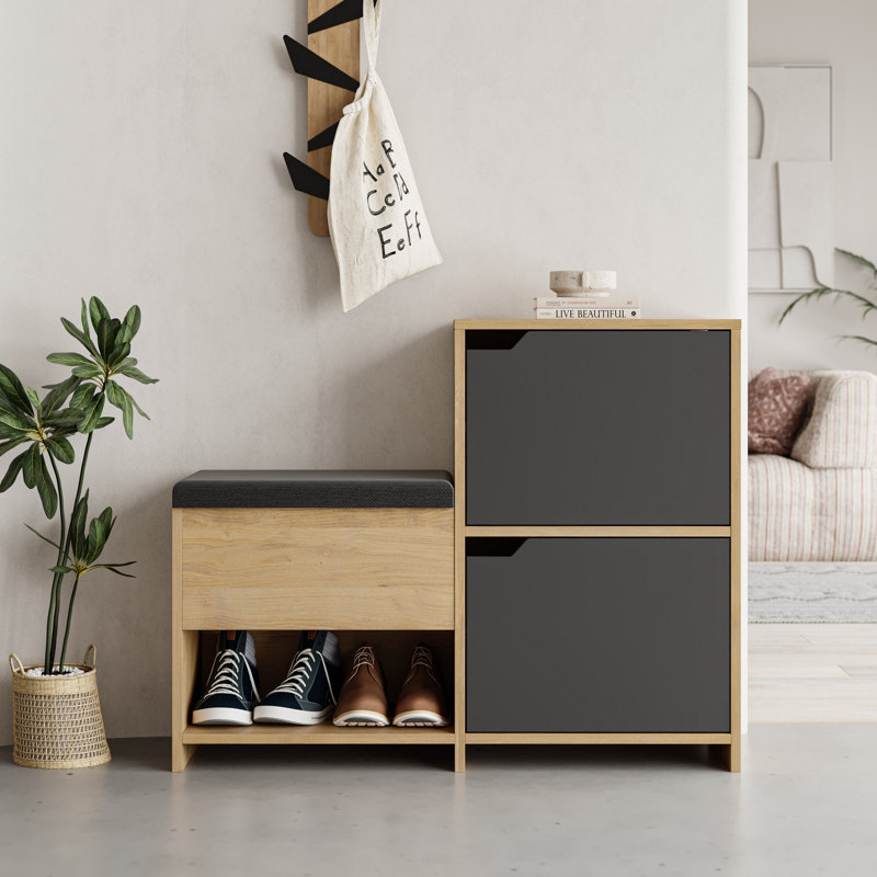 Modern Shoe Cabinet with Soft-Close Hinges, Anthracite & Oak, 39.8 x 31.7 x 14.0 inches | 100% Melamine Coated Particle Board, 5.9-inch Leg Height | Wall Mountable, Stylish & Functional Design, 176 lbs Weight Capacity