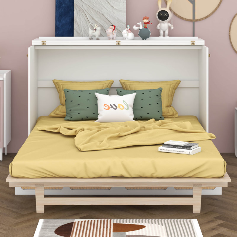 Drawer Murphy Bed Cabinet With Outlets, Queen, White/Natural