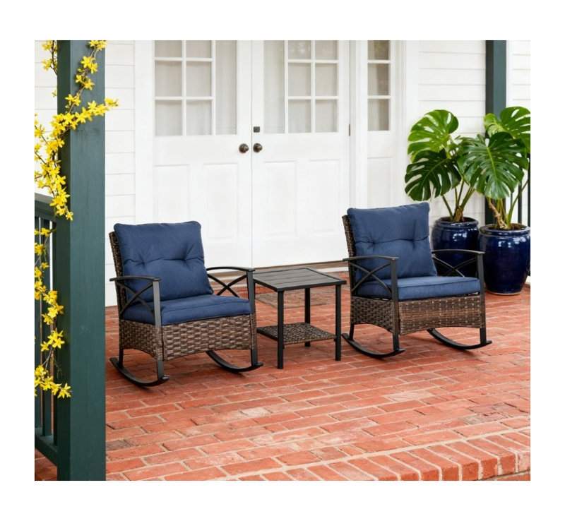 Ensemble de conversation d'extérieur en osier bleu foncé 3 pièces avec deux chaises berçantes et une table d'appoint