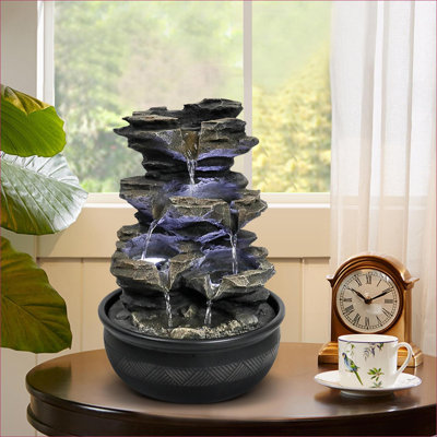 Fountains | 15.7"H Indoor Tabletop Waterfall Fountain w/ LED Lights | for Home &amp; Office | Resin | Tan Brown