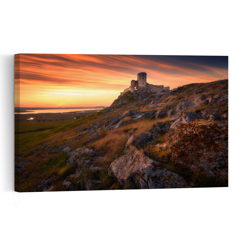 Ruines de château au coucher du soleil doré - Paysage de montagne romantique et paisible - Affiche murale, H 16 po x l 24 po
