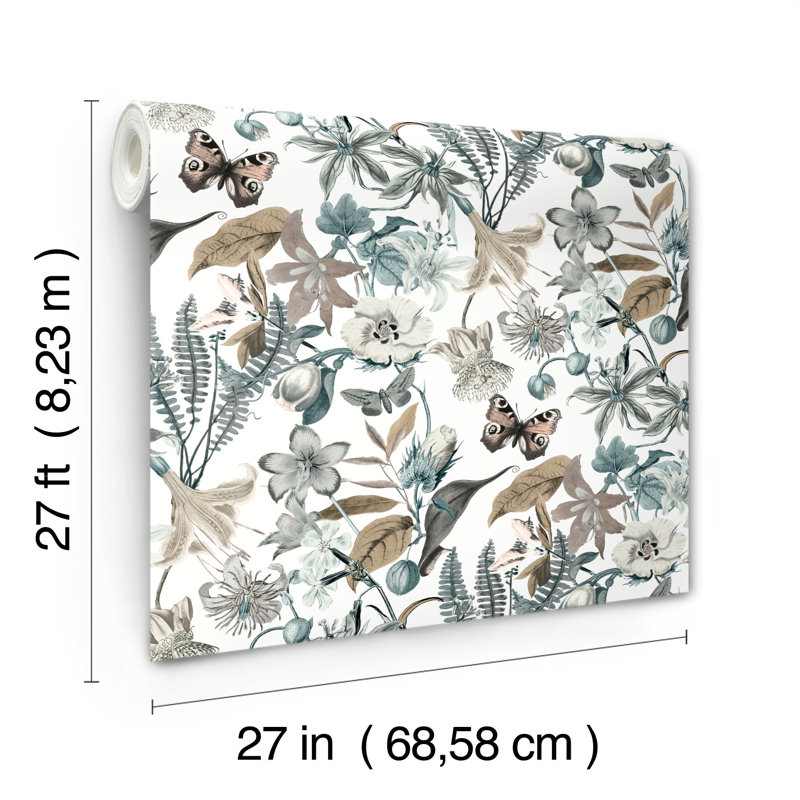 Floral Wallpaper Roll, White/Blue