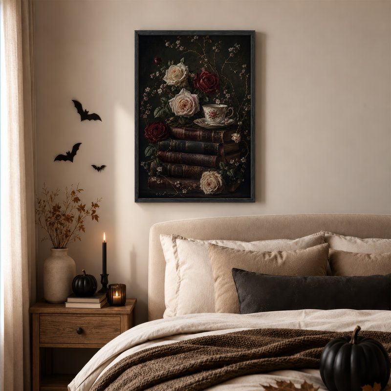 Pile de livres en cuir avec roses rouges et crème, art mural d'Halloween, 48"H x 32"W