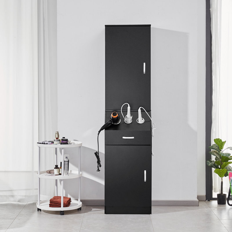 Salon Organizer, Station Unit For Hair Professionals, Equipped With 3 Holders For Hair Dryers, Storage Spaces, And A Single Drawer, In Black