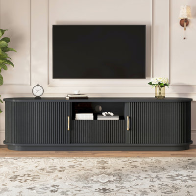 Meuble télé vintage rétro avec portes coulissantes pour téléviseurs de 75 pouces, conception cannelée, gestion des câbles et tiroir de la console média à grain de bois, style à lattes noires, tablettes primaires réglables
