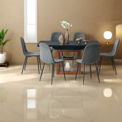 Expandable Dining Table Sets With Storage, Modern Dark Grey Linen Chairs, Walnut Base