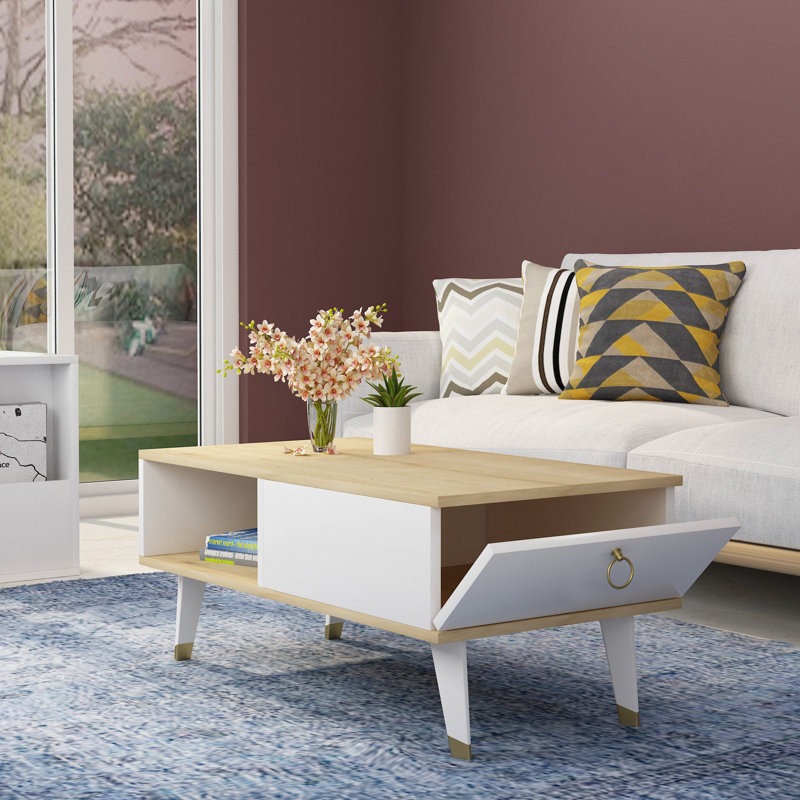Table basse moderne, saphir et blanc, panneau de particules recouvert de mélamine à 100%, épaisseur: 0,7 pouce | Design scandinave, élégant et fonctionnel pour le salon et les espaces de détente