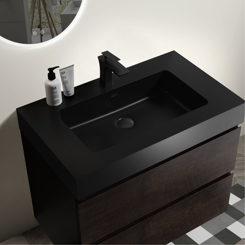 Élégant bassin en quartz noir mat avec trop-plein intégré et style élégant pour les espaces de bain