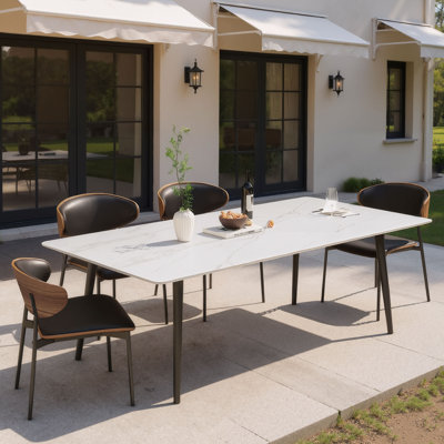 63" Weather-Resistant Outdoor Sintered Stone Dining Table, Patio Table with Metal Legs for 4-6