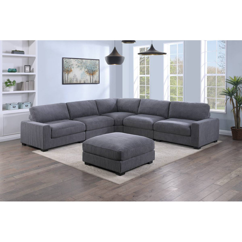 6- Piece Corduroy Modular Sectional & Ottoman, Dark Gray Corduroy