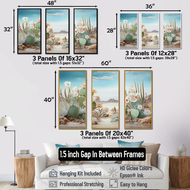Collage cactus sur la plage - ensemble de décoration murale cactus floral, Cadre flottant doré, H 40 po x l 60 po x P 1 po