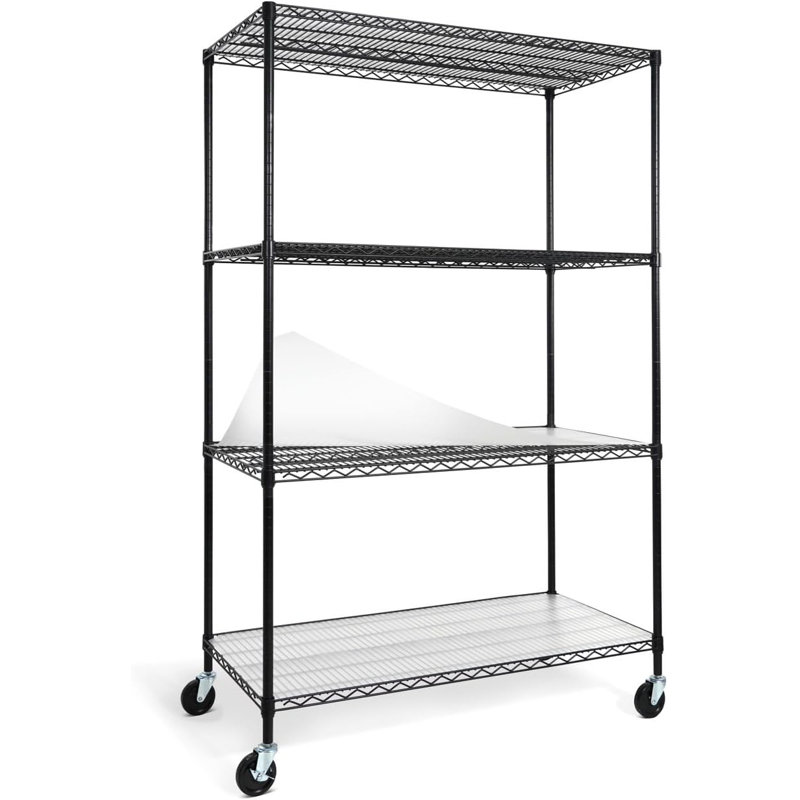 CAPHAUS NSF Heavy Duty Commercial 4-Tier  Adjustable Wire Shelving w/Wheels, Leveling Feet & Liners, 48 x 24 x 76, Black