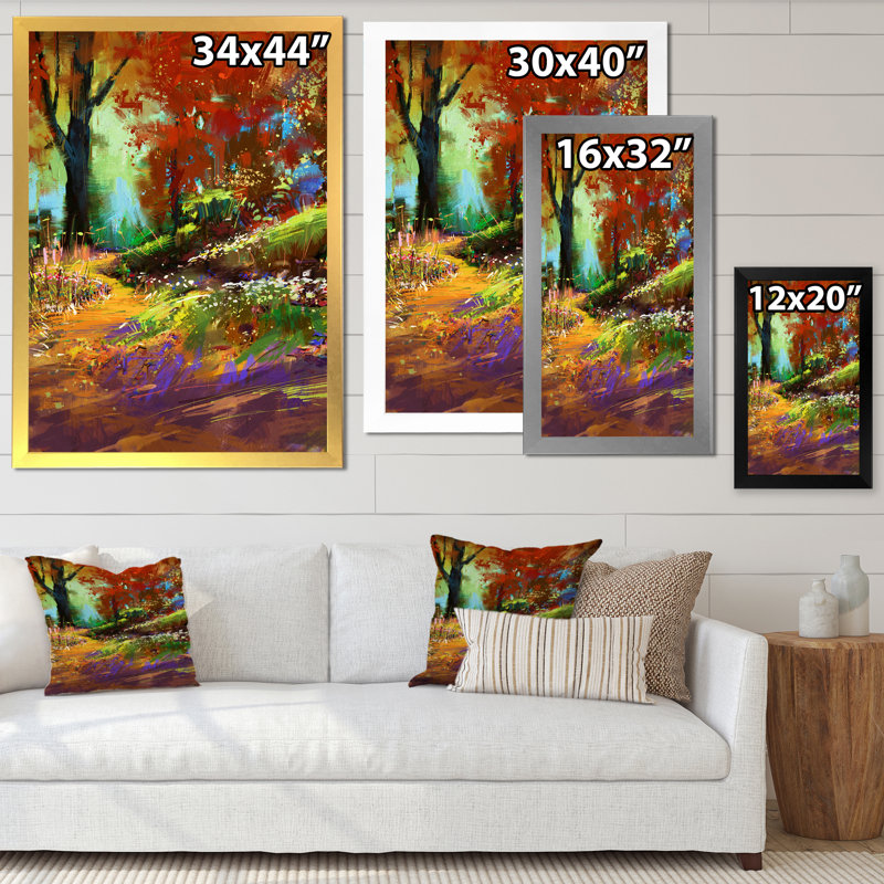Forêt d'automne en rouge, vert et orange - Peinture sur toile, H 20 po x l 12 po x P 1 po, Cadre de coin blanc fermé