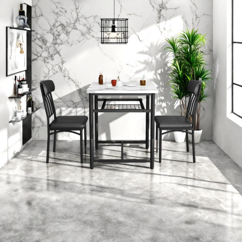 Ensemble de table de bar 3 pièces, ensemble de table de cuisine avec tablettes de rangement pour 2 personnes, ensemble de table de bar et de chaises avec tabourets revêtus de polyuréthane et plateau de table en marbre, ensemble de table de bar et table