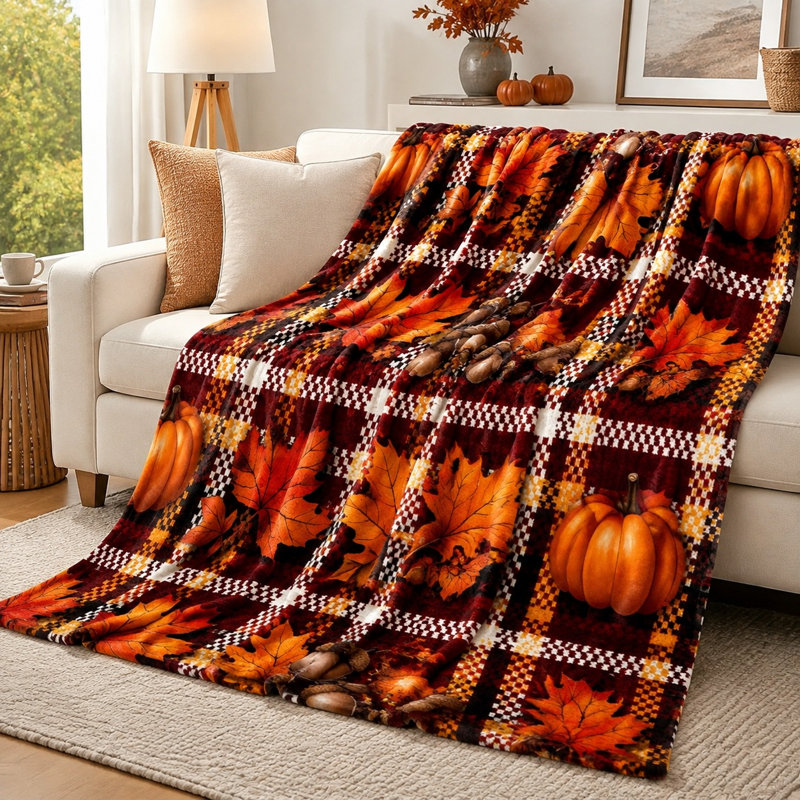 Jeté douillet à carreaux citrouille d'automne pour canapé, canapé, chambre à coucher, salon, décoration, récolte d'automne