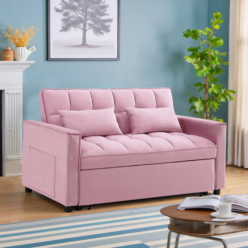 3 in 1 Convertible Sleeper Sofa Bed, Velvet Futon Couches, Chaise Lounge for Living Room with Side Pocket, Pink Velvet