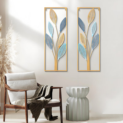 Ensemble de 2 décorations murales en métal Gold Pear Blossom pour le salon, le couloir ou la chambre à coucher