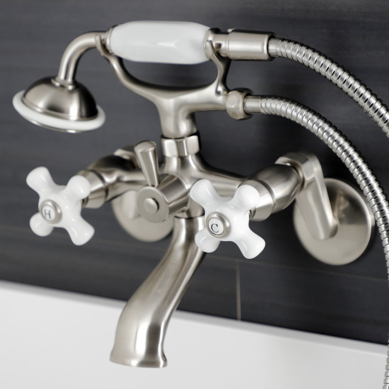 Kingston Brass Kingston Three-Handle 2-Hole Wall Mount Clawfoot Tub Faucet with Hand Shower, Brushed Nickel