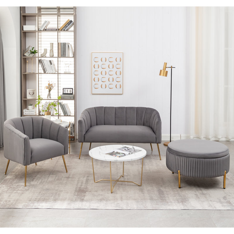 Ensemble de salon en velours 3 pièces Marecz, Gris