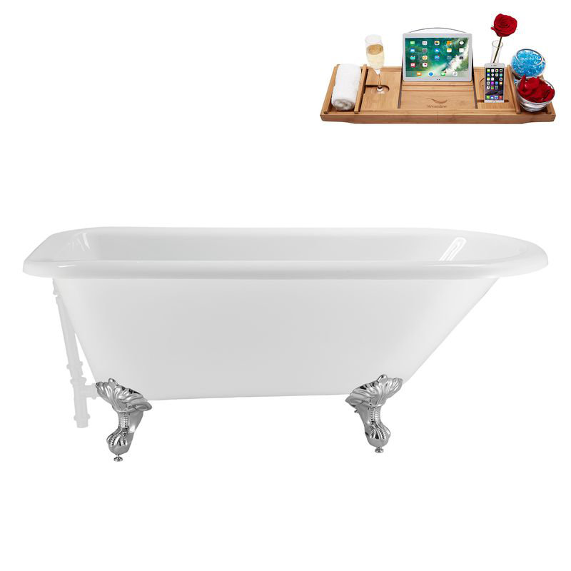 62" Streamline Clawfoot Tub,Tray,Drain, Clawfeet, Polished Chrome, Glossy White