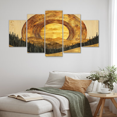 Lune en bois sur fond de forêt dorée audacieuse - Art mural forêt - ensemble de décorations murales traditionnelles