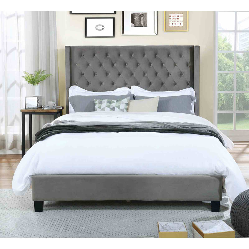 Lit escamotable en tissu capitonné de style transitionnel pour lit très grand 1 pièce Transitional, Gris, Très grand lit