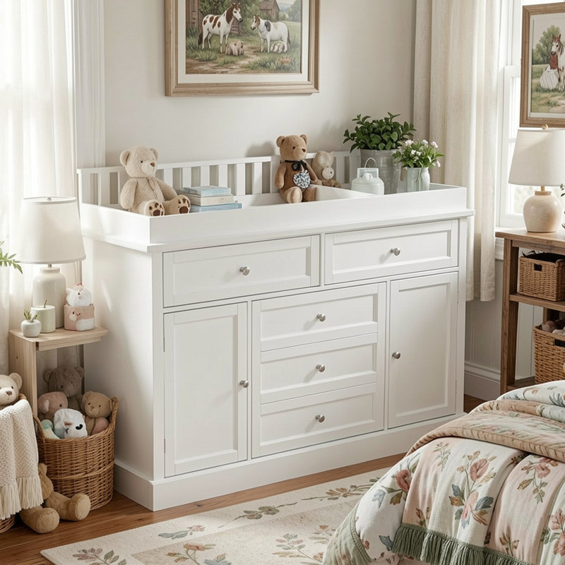 Commode blanche pour enfant avec table à langer, 3 tiroirs et 2 armoires