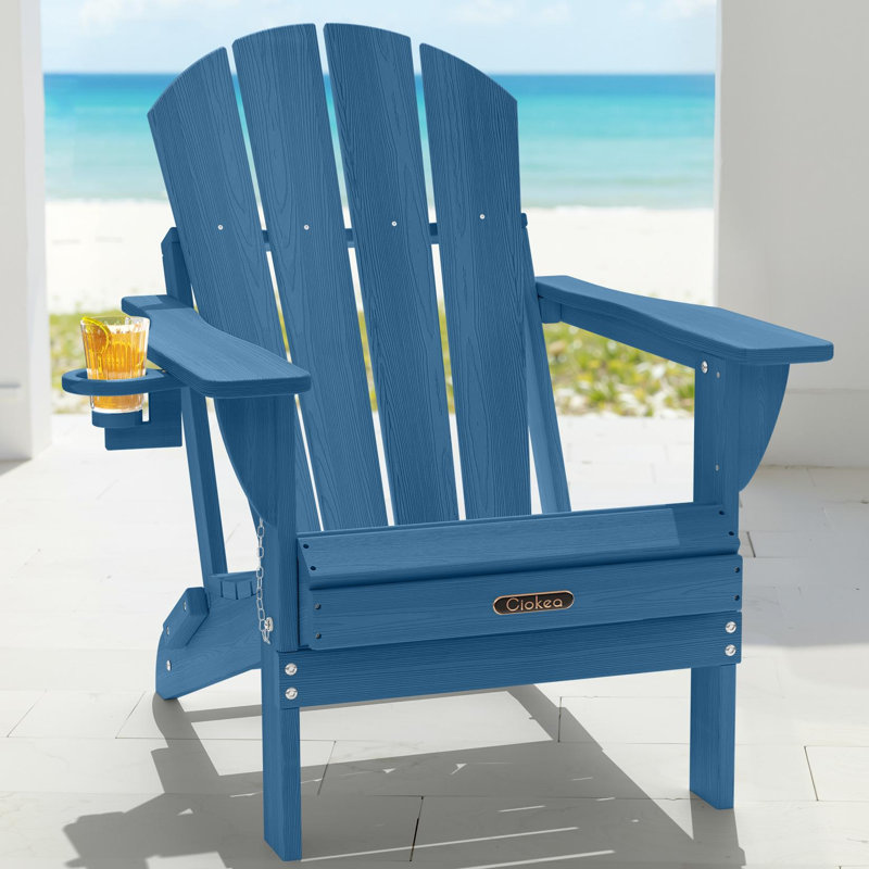 Mallette Adirondack Wood Texture HDPE Foldable Chair Pit Chair with Cup Holder, Navy Blue