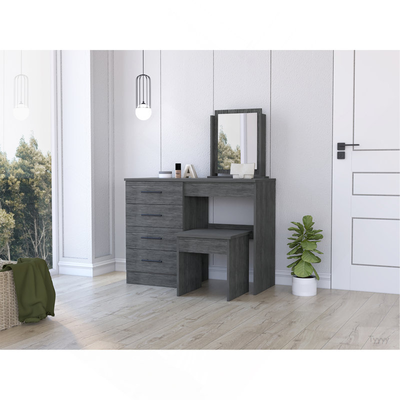 Coiffeuse, tabouret, quatre tiroirs Merlot