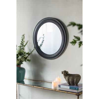 Miroir mural rond de 23,5 po dans un cadre en bois noir, moteur antique classique, énergie et beauté pour le salon, le passage, la salle de bain, le bureau avec foyer en bois
