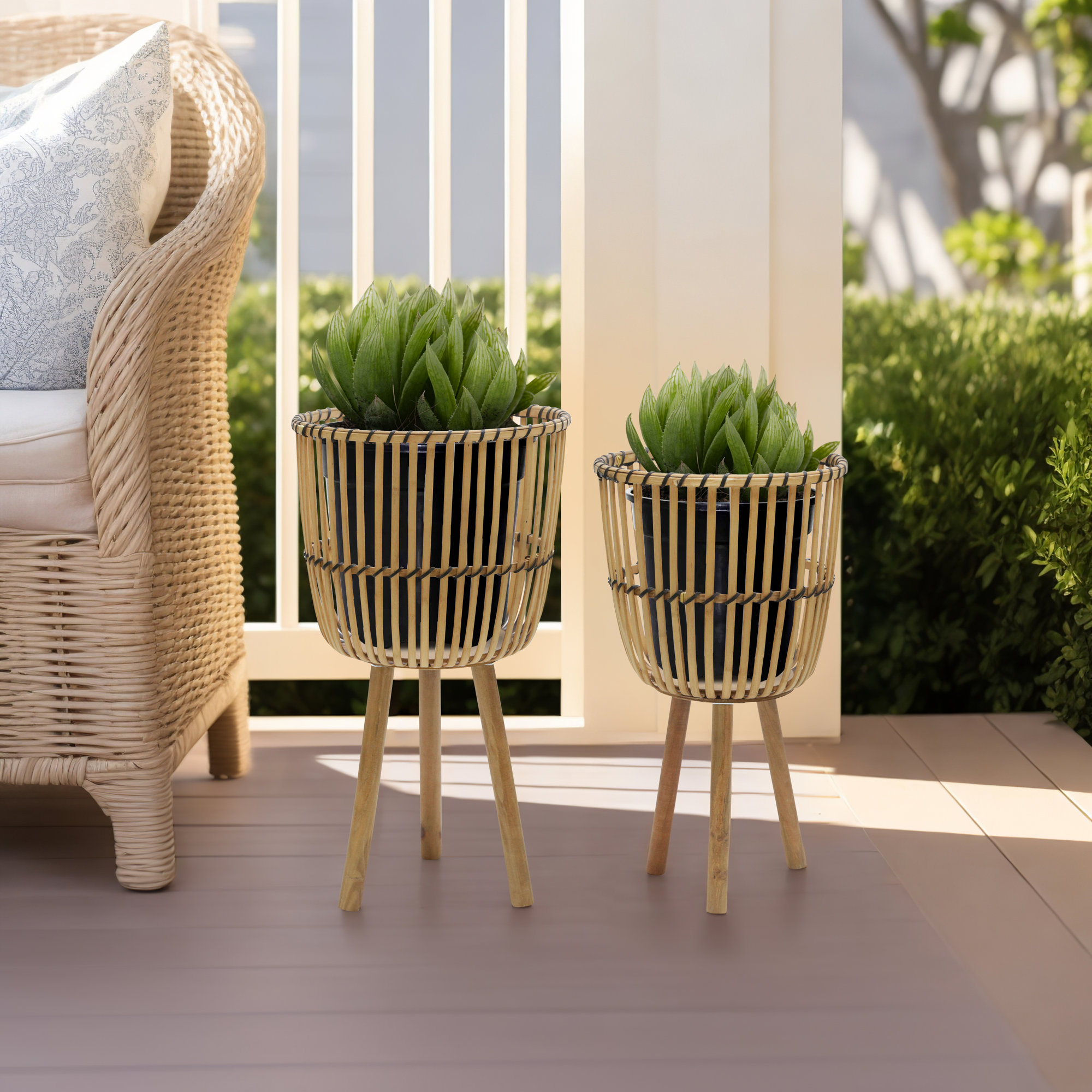 Wicker Modern Boho Bamboo Planter Set, Natural, Set of 3, 26" H x 15" W x 15" D