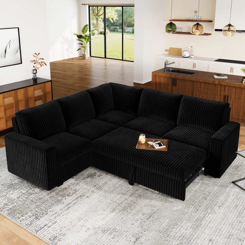 Brunella U-shaped Corner Sectional Sofa Bed Upholstered Corduroy Sleeper, Black Corduroy