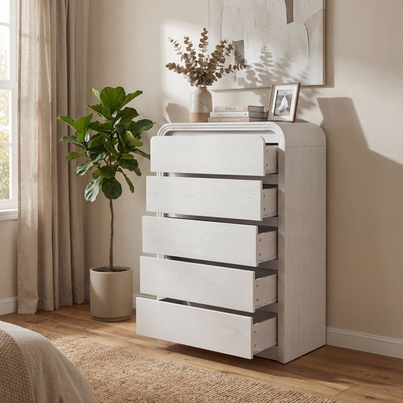 Commode moderne à 5 tiroirs de 80 cm (31,5 po), bords arrondis, idéal pour le rangement dans la chambre., Blanc