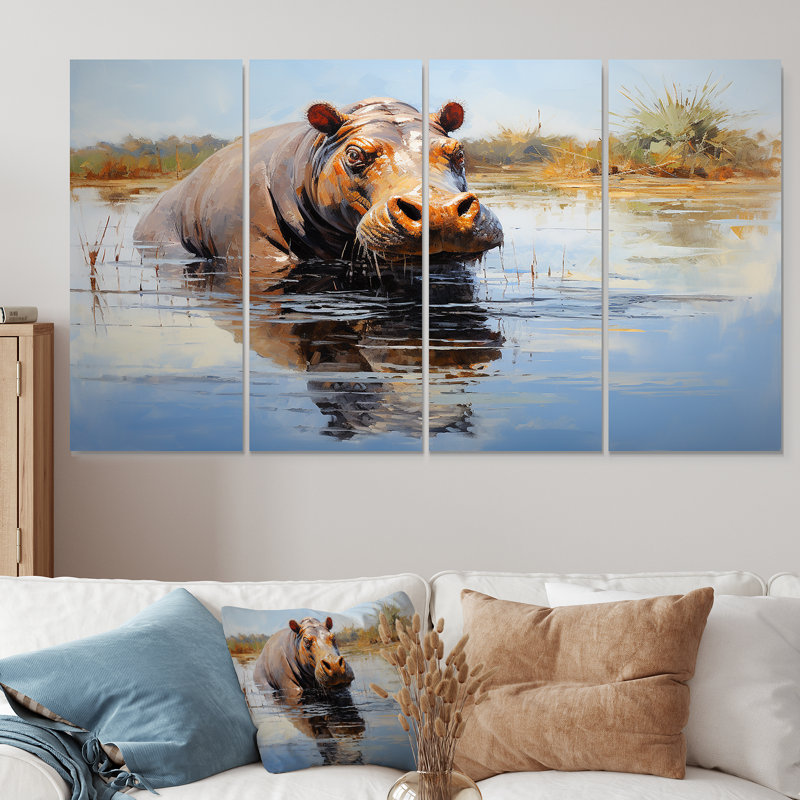 Hippopotame gris, "Daydreames III" - Hippopotame gris, 4 pièces, pour le salon, H 32 po x l 64 po