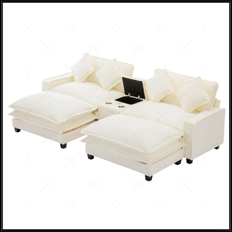 Canapé modulaire en chenille avec repose-pieds amovible, ports USB, porte-gobelets et grand rangement pour le salon, Beige