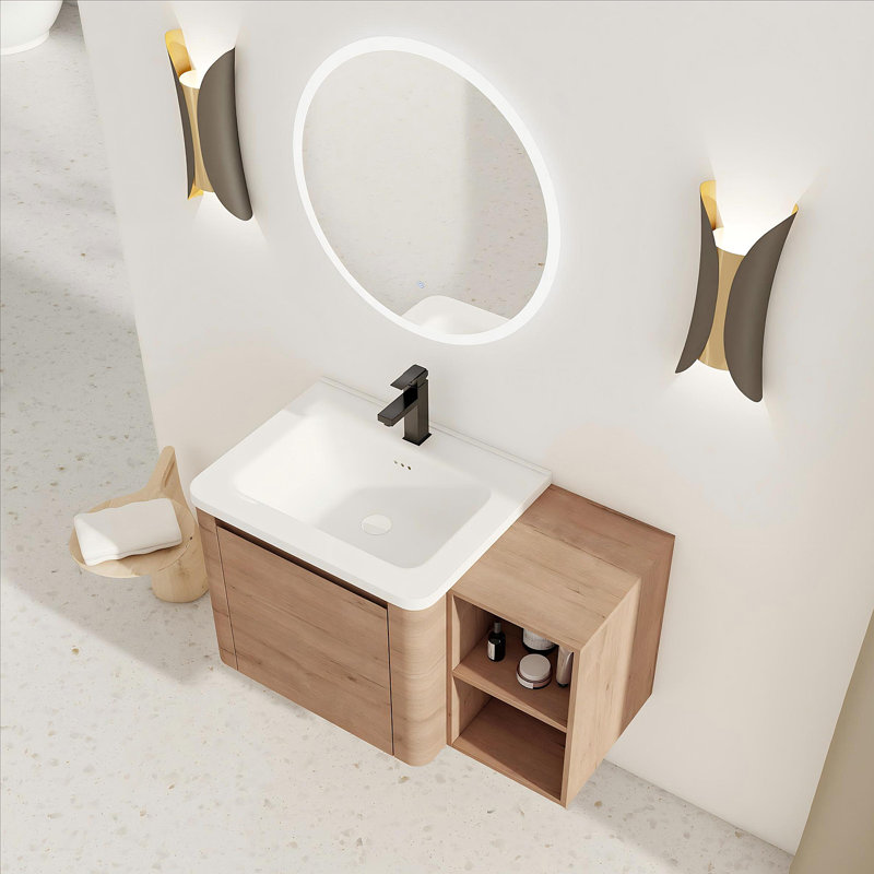  Meuble-lavabo mural avec lavabo en céramique et tablettes de rangement et 1 porte à fermeture en douceur, emballage KD, contreplaqué